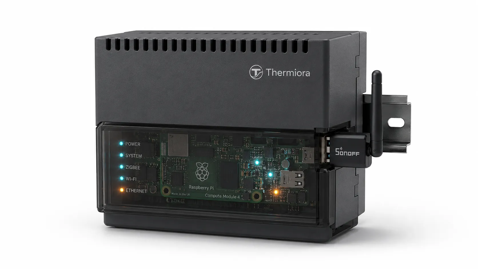 Thermiora hub: a cabinet-mounted module with status lights and the board visible behind a clear cover