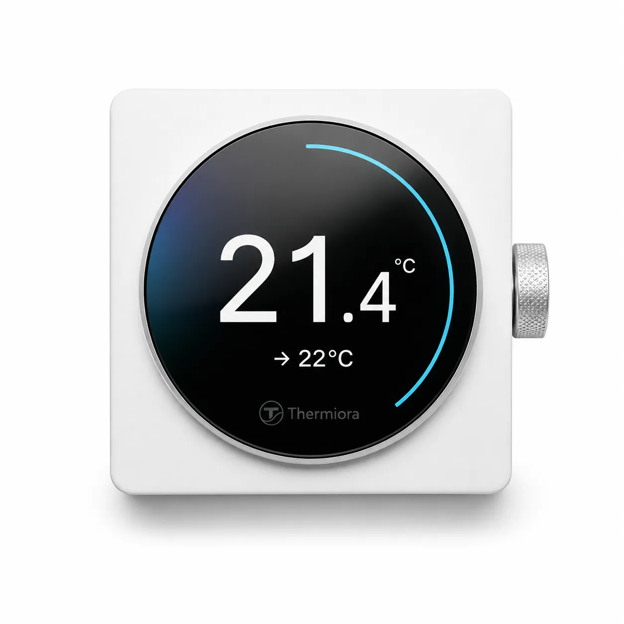Thermiora wall panel, front view: round display showing 21.4°C and the rotary ring