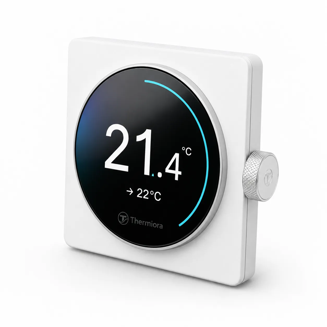 Thermiora wall panel: a round display shows 21.4°C with a 22°C target, rotary ring on the side